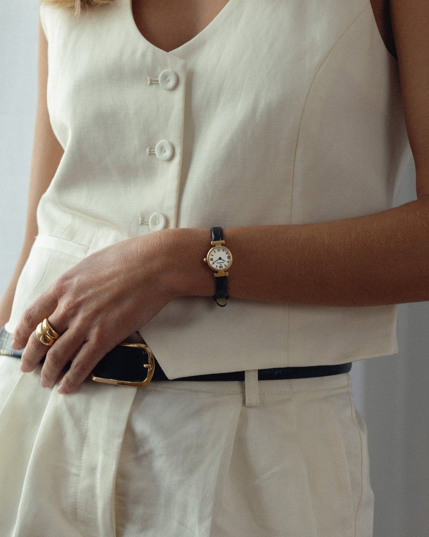 Vintage Leren Gouden Horloge